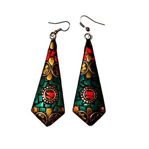 Vintage Tibetan Kite Shaped Mosaic Style Pierced Earrings Gold Tone Wire Dangles